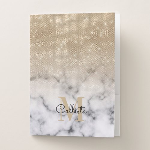 Glamorous Gold Glitter White Marble Ombre Monogram Pocket Folder