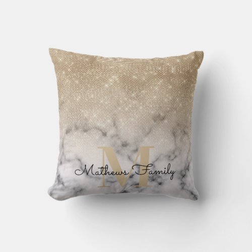 Glamorous Gold Glitter White Marble Ombre Monogram Throw Pillow