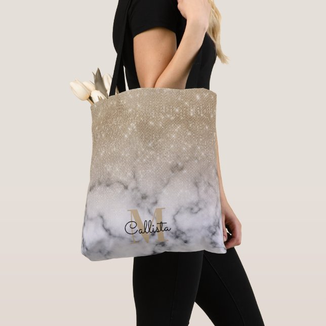Glamorous Gold Glitter White Marble Ombre Monogram Tote Bag (Close Up)