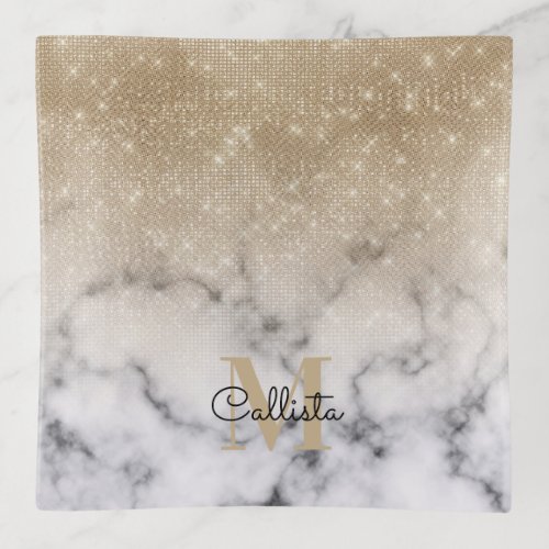 Glamorous Gold Glitter White Marble Ombre Monogram Trinket Tray