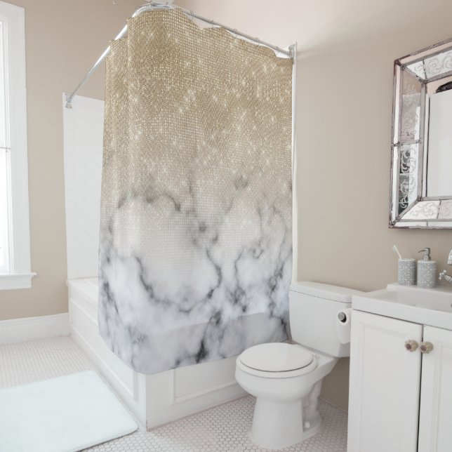 Glamorous Gold Glitter White Marble Ombre Shower Curtain (In Situ)