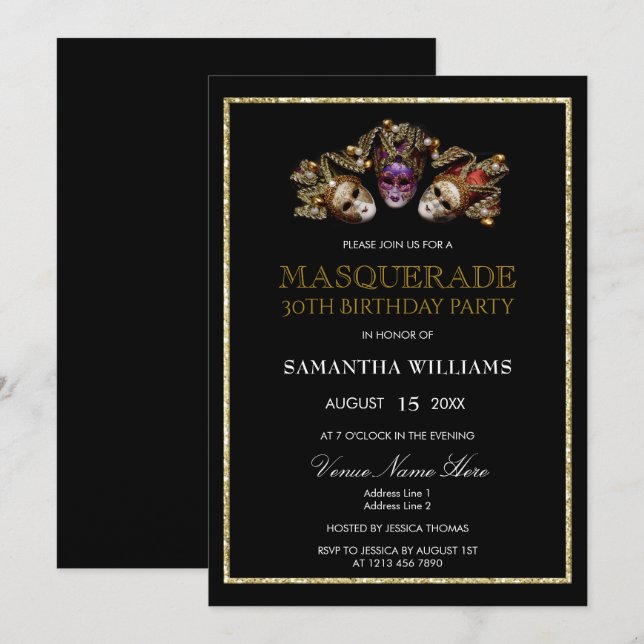Glamorous Gold Glitters  Masquerade 30th Birthday Invitation (Front/Back)