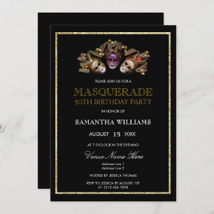 Glamorous Gold Glitters Masquerade 50th Birthday Invitation