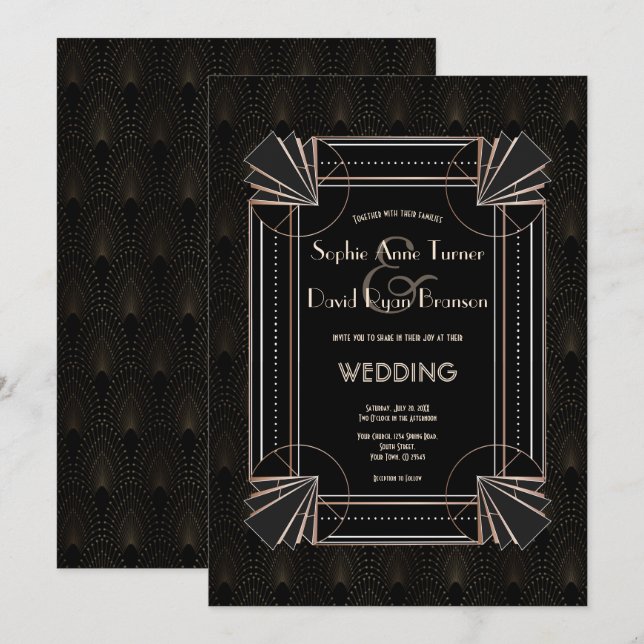 Glamorous Gold Great Gatsby Art Deco 20s Wedding Invitation (Front/Back)