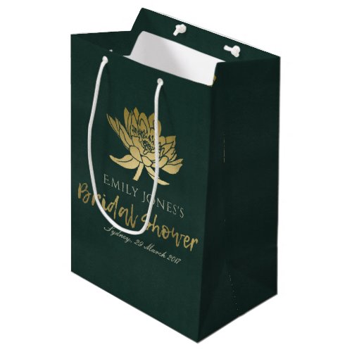 GLAMOROUS GOLD GREEN LOTUS FLORAL BRIDAL SHOWER MEDIUM GIFT BAG