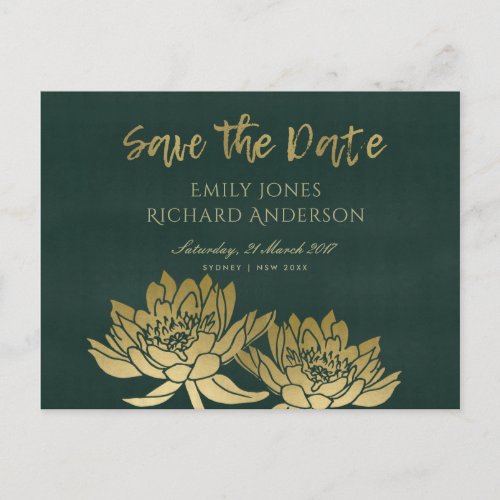 GLAMOROUS GOLD GREEN LOTUS FLORAL SAVE THE DATE ANNOUNCEMENT POSTCARD