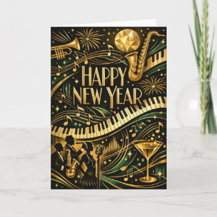 Glamorous Gold Jazz Art Deco New Year Holiday Card