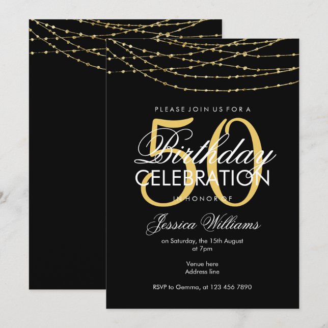 Glamorous Gold Lights 50th Birthday Invitation (Front/Back)