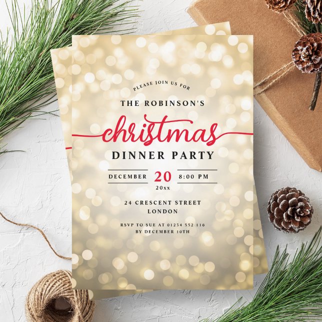 Glamorous Gold Lights Christmas Dinner Party  Invitation (Glamorous Gold Lights Christmas Dinner Party Invitation)