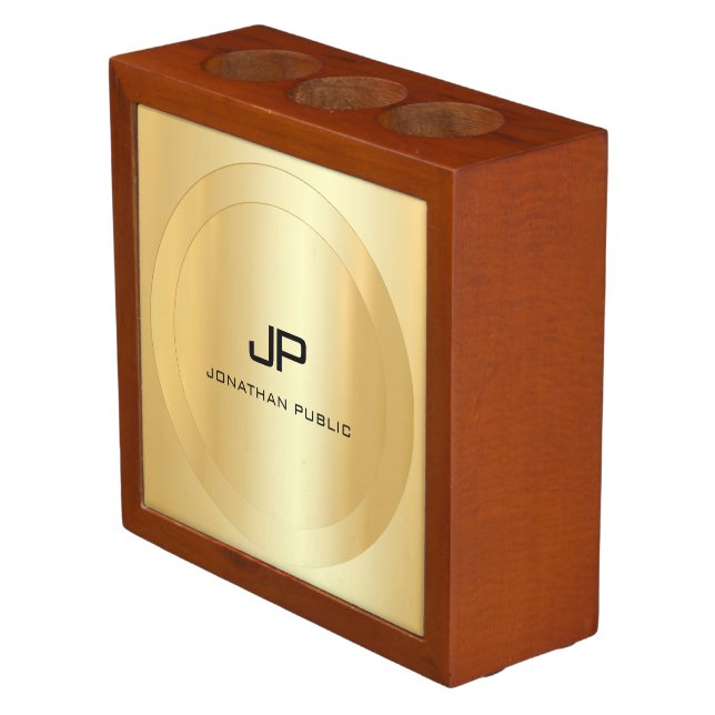 Glamorous Gold Look Monogrammed Template Elegant Desk Organizer (Angled)