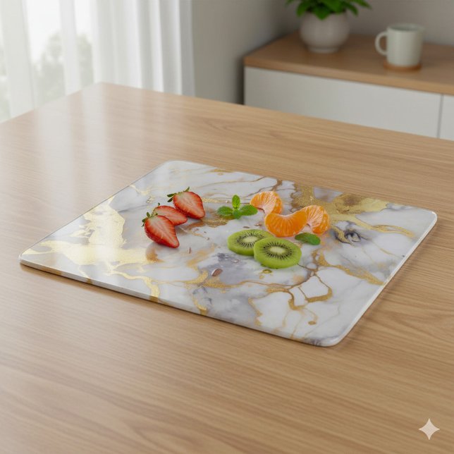 Glamorous Gold Marble Effect Cutting Board (Gold and white marble effect chopping board with freshly sliced fruit.)