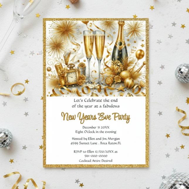 Glamorous  Gold on White New Year's Eve Party  Invitation (Elegant Gold Glitter New Years Eve Party Template Invitation )