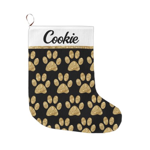 Glamorous Gold Paw Prints on Black Large Christmas Stocking