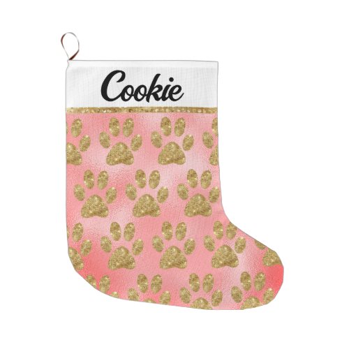 Glamorous Gold Paw Prints on Pink Foil Large Christmas Stocking