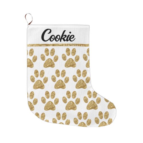 Glamorous Gold Paw Prints on White Large Christmas Stocking