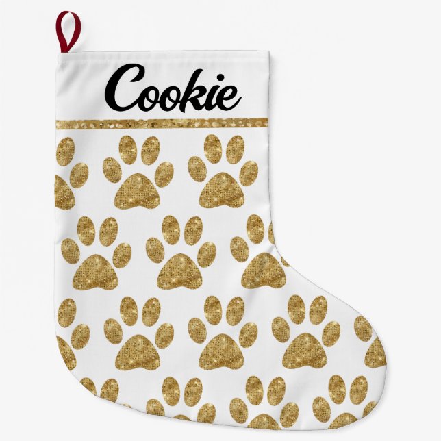 Glamorous Gold Paw Prints on White Large Christmas Stocking (Front)