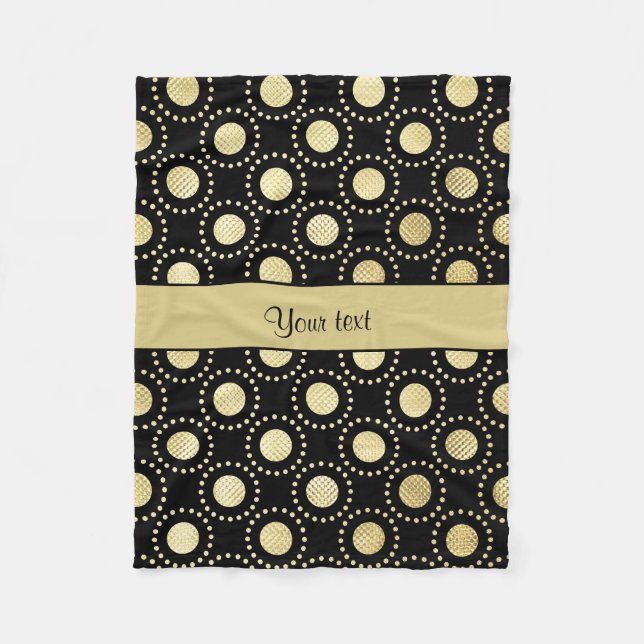 Glamorous Gold Polka Dots Black Fleece Blanket (Front)