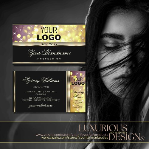 Glamorous Gold Purple Glitter Stars add Logo Black Business Card