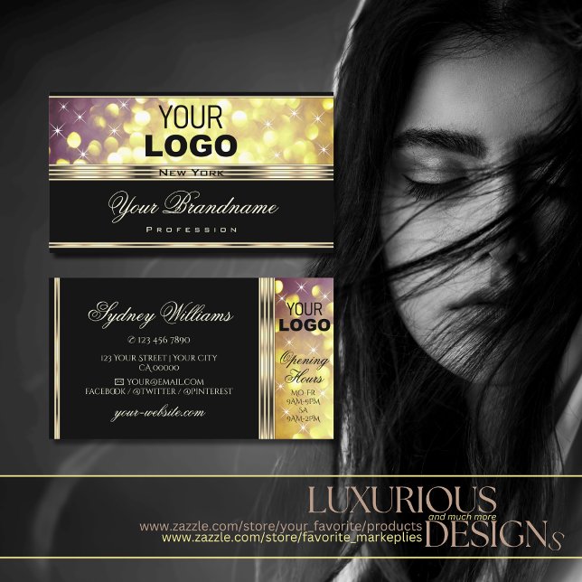 Glamorous Gold Purple Glitter Stars add Logo Black Business Card (Creator Uploaded)