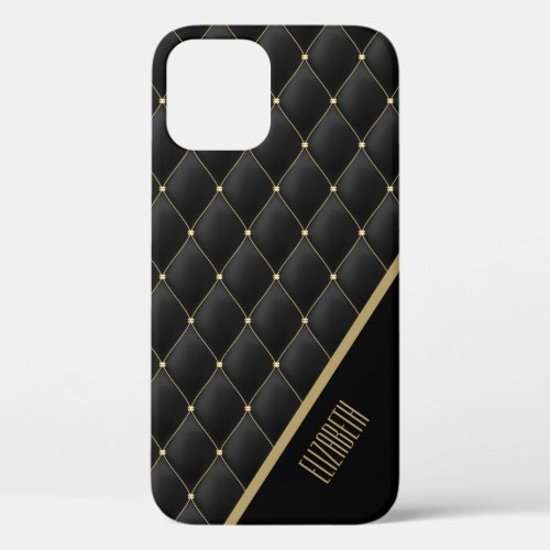 Glamorous Gold Quilted Black Pattern Personalized iPhone 12 Case