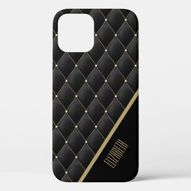 Glamorous Gold Quilted Black Pattern Personalized Case-Mate iPhone Case (Back)