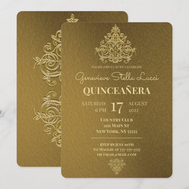 Glamorous Gold Quinceañera Party Invitation (Front/Back)
