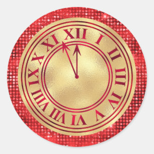 Glamorous Gold & Red Diamonds New Year's Clock Classic Round Sticker