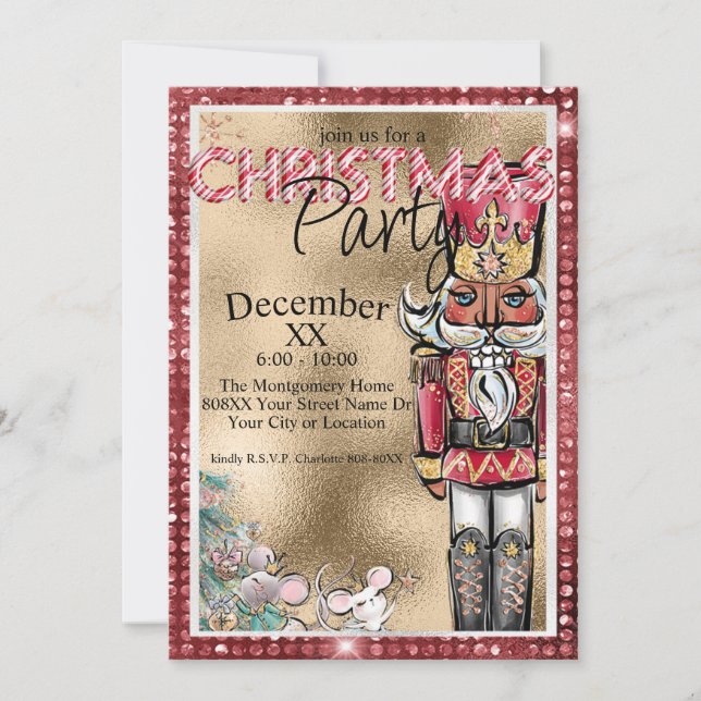 Glamorous Gold & Red Diamonds Nutcracker Christmas Invitation (Front)