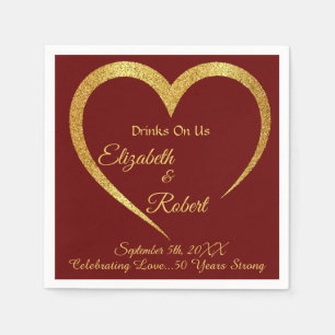 Glamorous Gold Red Heart Drinks On Us Anniversary Napkins