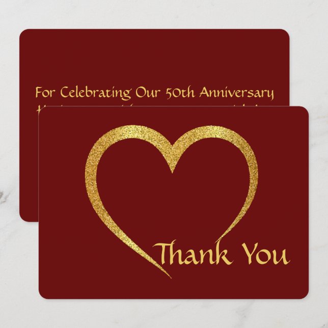 Glamorous Gold & Red Heart Wedding Anniversary  Thank You Card (Front/Back)