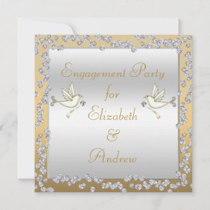Glamorous Gold/Silver Diamonds & Doves Engagement Invitation