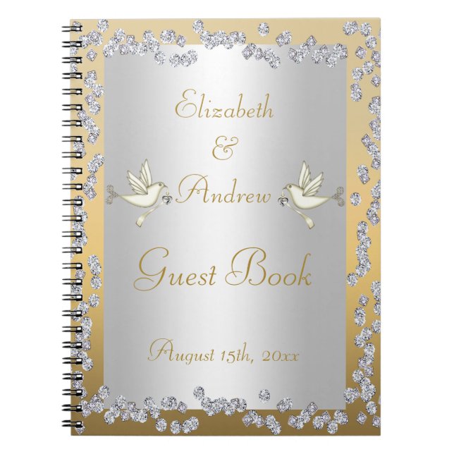 Glamorous Gold & Silver Diamonds, Doves Guest Book (Front)