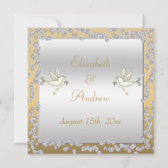 Glamorous Gold & Silver Diamonds & Doves Wedding Invitation (Front)