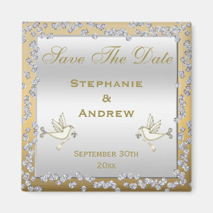 Glamorous Gold & Silver Diamonds & Doves Wedding Magnet
