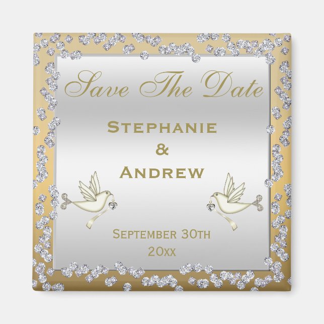 Glamorous Gold & Silver Diamonds & Doves Wedding Magnet (Front)