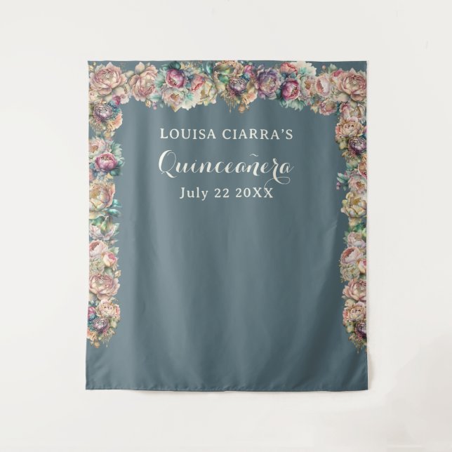 Glamorous Gold Sparkle Floral Quinceanera  Tapestry (Front)