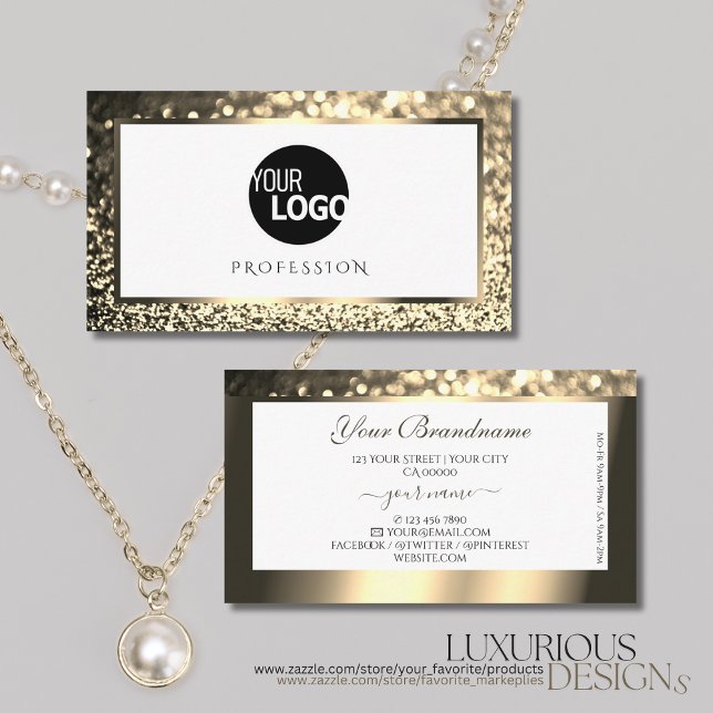 Glamorous Gold Sparkle Glitter Logo Elegant White Business Card (Creator Uploaded)