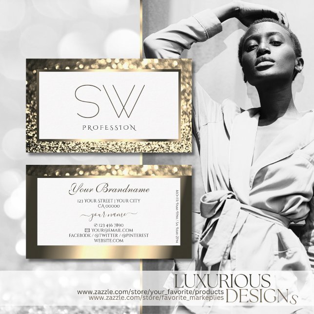 Glamorous Gold Sparkle Glitter White with Monogram Business Card (Creator Uploaded)