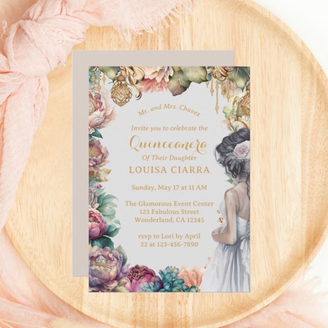 Glamorous Gold Sparkle Pastel Flowers Quinceanera  Invitation (Creator Uploaded)
