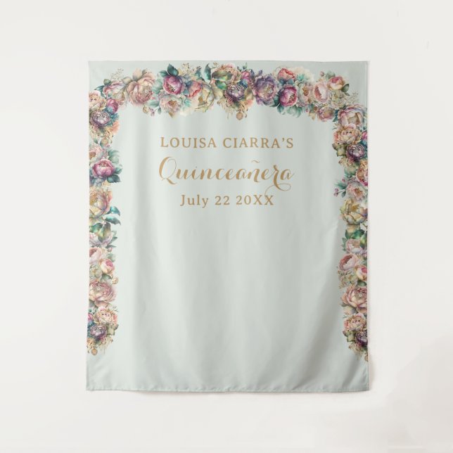 Glamorous Gold Sparkle Peony Quinceanera  Tapestry (Front)