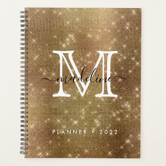 Glamorous Gold Sparkling Diamond Glitter Monogram Planner (Front)