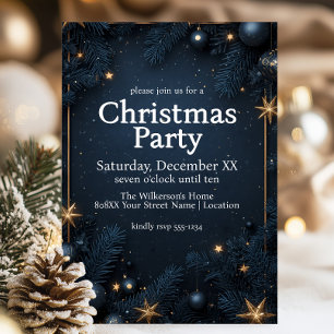 Glamorous Gold Stars and Navy Blue Christmas Party Invitation
