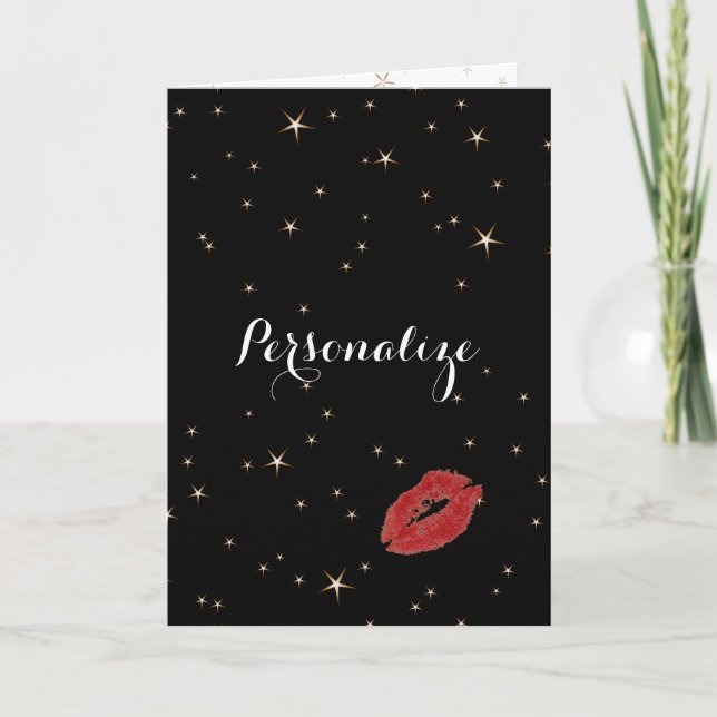 Glamorous Gold Stars with Red Lipstick Kiss Card (Front)