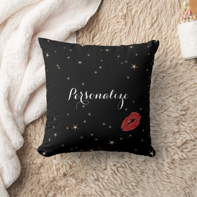 Glamorous Gold Stars with Red Lipstick Kiss Throw Pillow (Blanket)