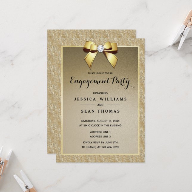 Glamorous Gold & Stylish Gem Engagement Invitation (Front/Back In Situ)