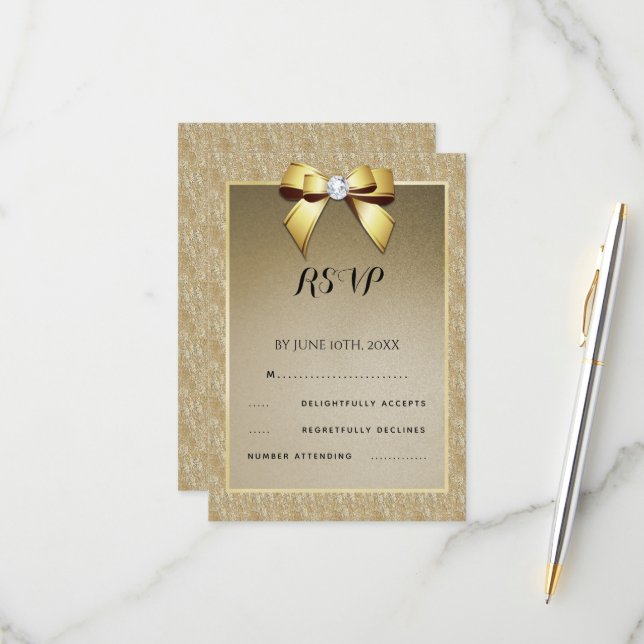 Glamorous Gold & Stylish Gem Wedding RSVP Card (Front/Back In Situ)