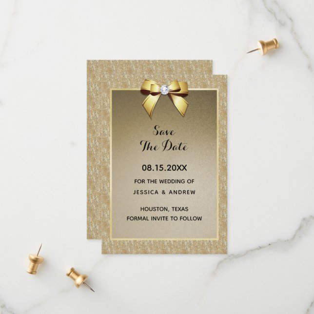 Glamorous Gold & Stylish Gem Wedding Save The Date (Front/Back In Situ)