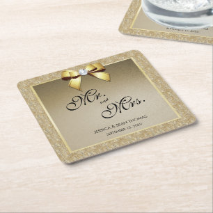 Glamorous Gold & Stylish Gem Wedding Square Paper Coaster