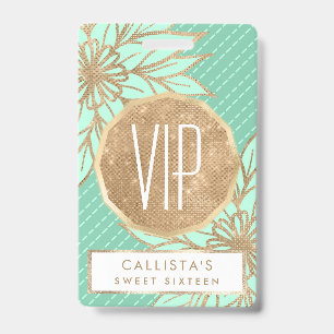 Glamorous Gold Teal Green Glitter Flower Stripes Badge