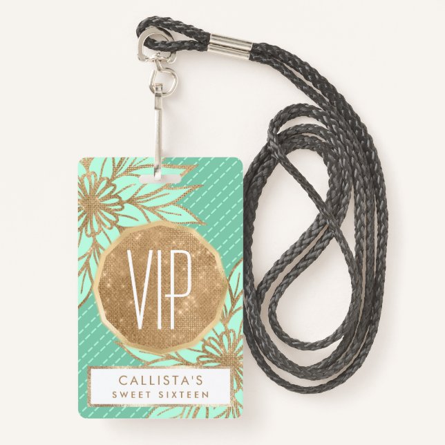 Glamorous Gold Teal Green Glitter Flower Stripes Badge (Front with Lanyard)